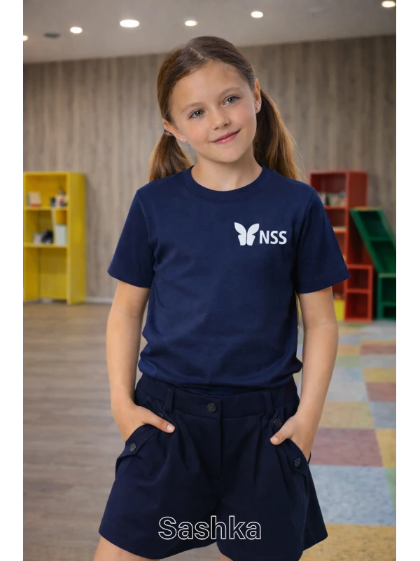 Футболка для дівчинки синя з логотипом школи NSS, розмір 116-188